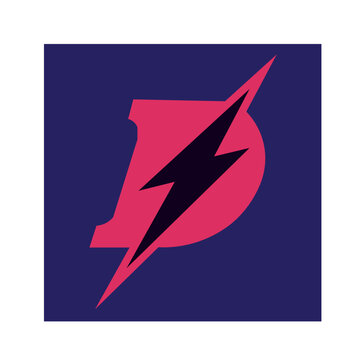 Pink letter d emblem pierced by sharp black lightning bolt vector logo design with lightning abstract alphabet background electric electrical electricity illustration isolated