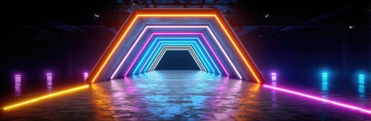 Naklejka premium Neon rainbow tunnel on reflective floor