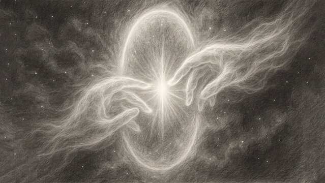 Two Ethereal Glowing Spiritual Hands Reaching Across Radiant Energy Portal Symbolizing Sign From Another You Pencil Sketch