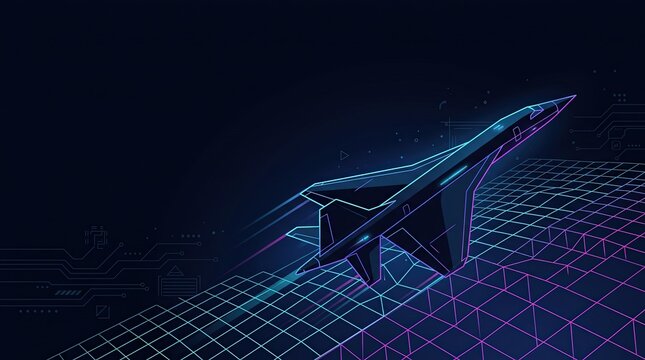 Futuristic supersonic airplane illustration in dark mode with neon grid and tech circuit background