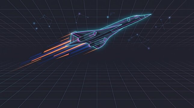 Futuristic supersonic aircraft illustration with neon wireframe design in a digital grid.