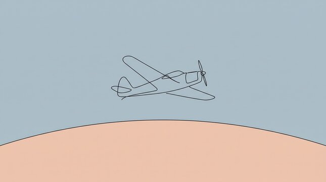 Elegant line art illustration of a classic monoplane flying over a curved horizon, minimalist aviation concept