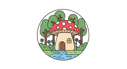 Fototapeta premium Whimsical mushroom house illustration with forest and stream