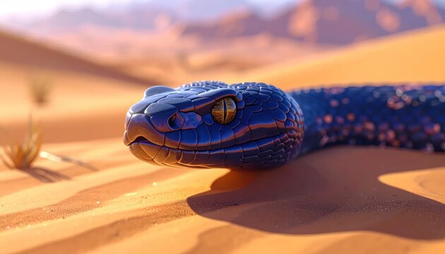 Striking blue metallic snake with golden eyes slithering across sun-kissed desert sand dunes a captivating 3D render showing reptilian grace.