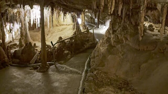 Close up view of delicate limestone stalactites hanging from the cavern ceiling in Lehman Caves Nevada