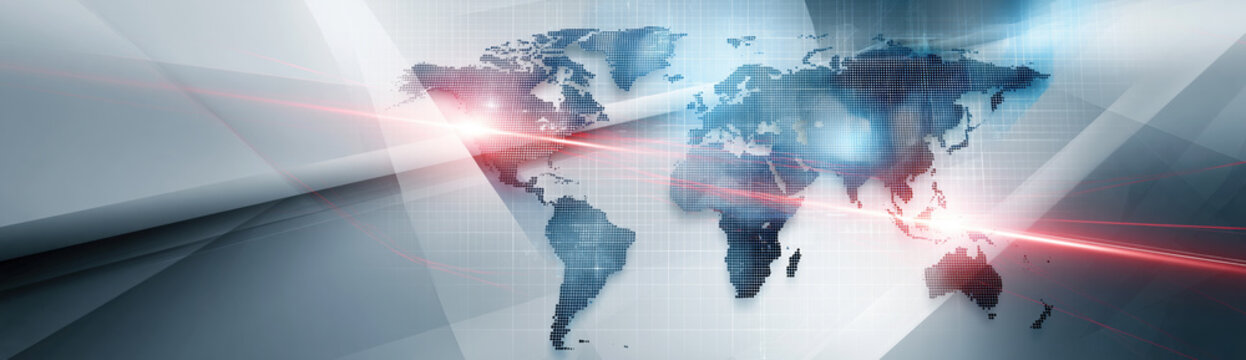 Global news background with glowing red light across digital world map and abstract architectural lines, creating modern broadcast atmosphere for international coverage and communication
