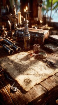 A weathered wooden table, laden with antique nautical items, including maps, binoculars, and bottles. Sunlight streams through the environment