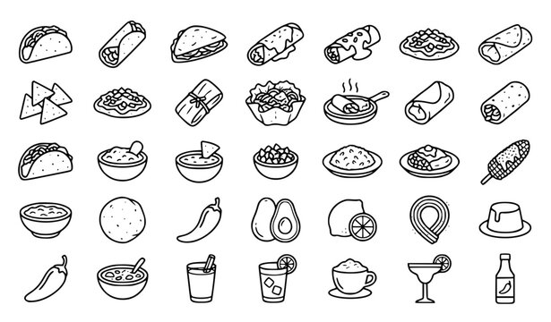 food and drink outline icon set with taco burrito quesadilla nachos and beverages vector