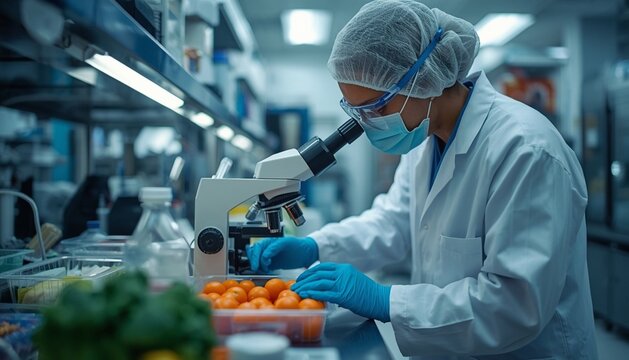 Scientist check chemical food residues in laboratory. Control experts inspect quality of fruits, vegetables. lab, hazards, ROHs, find prohibited substances, contaminate, Microscope, Microbiologist