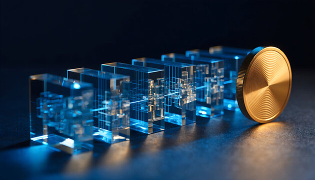 Gold Coin with Transparent Glowing Blockchain Glass Blocks on Dark Futuristic Background