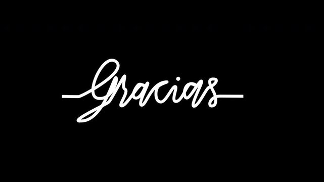 Gracias text animation in continuous line style. 4k animated typography on black background. Suitable for thank you notes, end screen videos.
