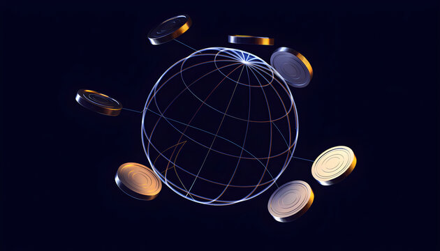 Digital globe earth wireframe with floating colorful money coins orbiting on black background