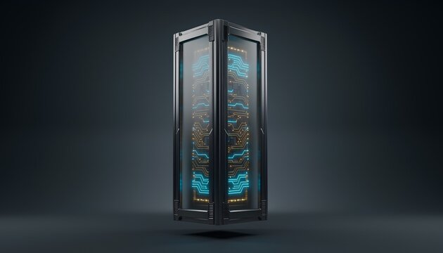 3D illustration of a futuristic supercomputer monolith concept featuring a dark chrome tower with clear glass revealing glowing cyan and gold circuits