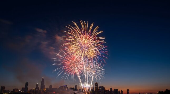 Colorful fireworks exploding in dark sky over modern city skyline buildings at dusk sunset hour during New Year holiday festival celebration.