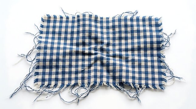 Vintage blue and white checkered fabric with frayed edges