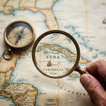 Magnifying glass over Cuba on vintage map with compass travel concept