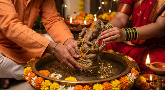 Indian Couple Performing Ganesh Visarjan Ritual with Clay Idol