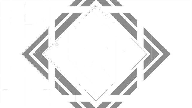 4K video overlay template with bold black and gray geometric arrows, diamonds, and technical interface elements on a clean white background 