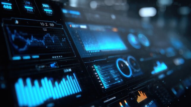 Financial charts and glowing bar graphs are displayed on a futuristic dark user interface screen with shallow depth of field.