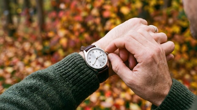 Close-up of a person checking their wristwatch outdoors with autumn foliage in the background.