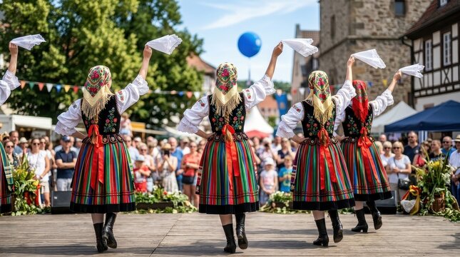 Traditional European Folk Dancers in Colorful Ethnic Costumes Performing at an Outdoor Summer Festival