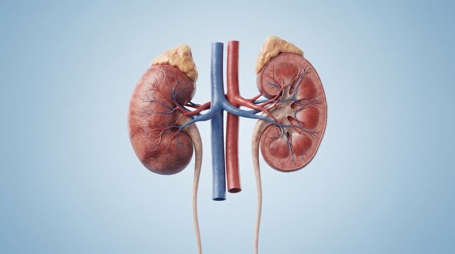 Human kidney anatomy illustration showing internal cross section and blood vessels on blue backgr...