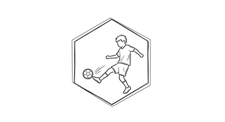 Fototapeta premium Child playing soccer, hexagon emblem, line art, sports icon