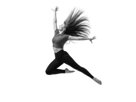 Woman dancing with wild hair in dynamic pose