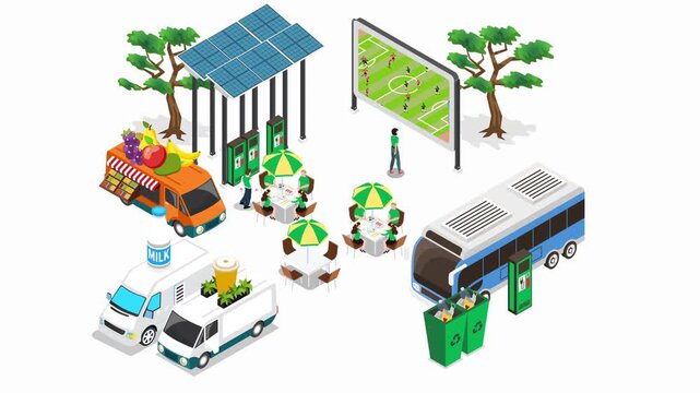 Isometric Smart Green City with EV Charging and Renewable Energy Concept 3d animation cartoon