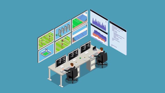 Isometric Sports Analytics Control Center and Live Broadcasting Concept 3d animation cartoon