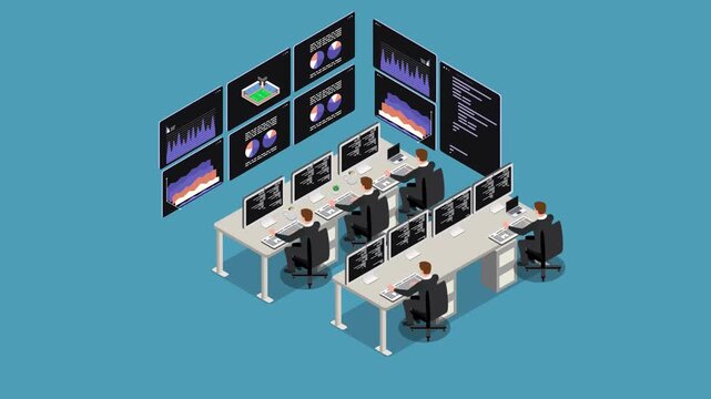 Isometric Data Control Room and IT Analytics Operations Center Concept 3d animation cartoon