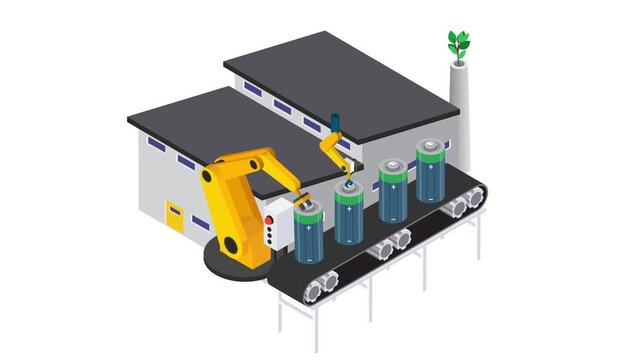 Isometric Green Battery Factory and Automated Robotic Production Concept 3d animation cartoon