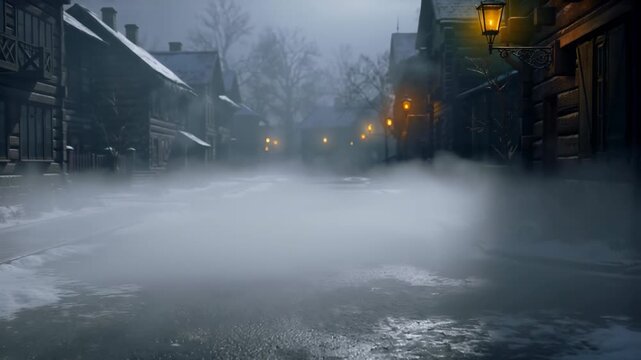 Snow-Covered Street at Dusk with Glowing Lanterns and Misty Atmosphere Cinematic Winter Scene for Mood or Travel Backgrounds