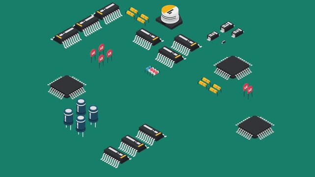 Isometric Printed Circuit Board with CPU and Electronic Components Concept 3d animation cartoon