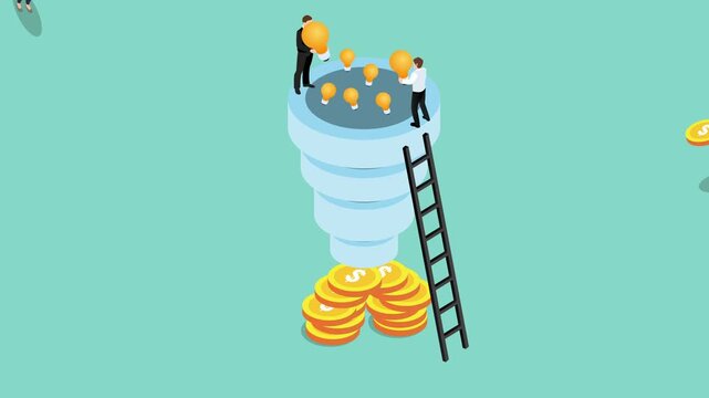 Idea Funnel Converting Business Concepts to Profit 3d animation cartoon