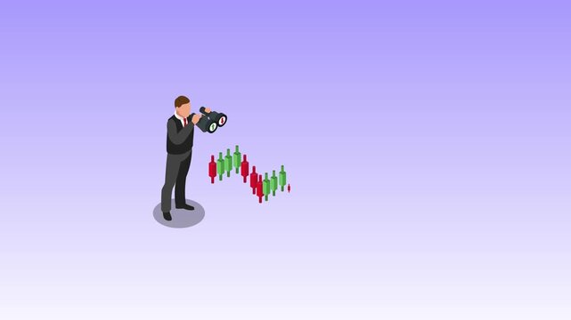 Businessman Looking Through Binoculars at Stock Market Candlestick Chart 3d animation cartoon