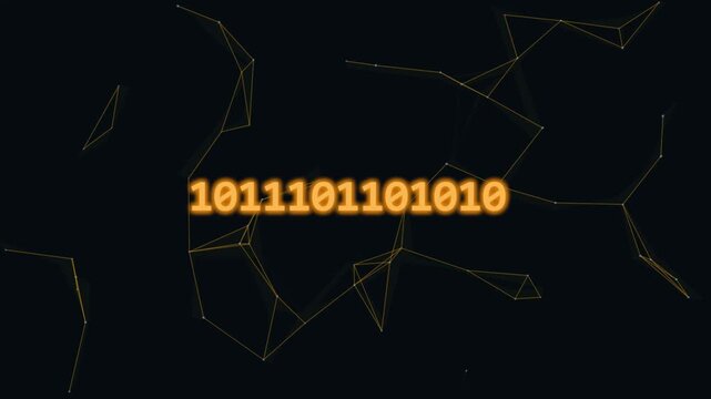 Binary code sequence overlaid on network graph visualization with glowing effect