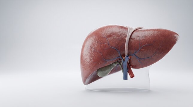 Realistic 3D rendering of human liver anatomy with gallbladder on clean grey background