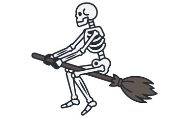 Obraz premium Halloween Halloween witch skeleton on broom icon. Flying magic character graphic. Cartoon spooky vector illustration. Spooky holiday symbol design. Witch on broomstick raster illustration.
