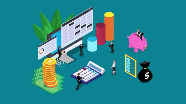 Accounting and Financial Data Analysis Concept with Computer, Calculator, Piggy Bank, and Business People 3d animation cartoon