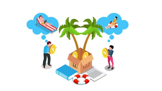 Saving for Vacation Concept with People Holding Dollar Coins, Palm Trees in Box, and Dream Bubbles 3d animation cartoon
