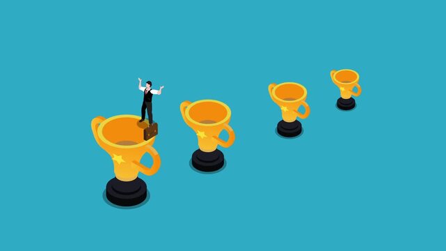 Businessman Celebrating Success Standing on the Largest Golden Trophy Cup 3d animation cartoon
