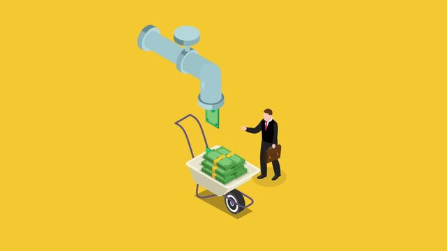 Businessman Filling Wheelbarrow with Money Flowing from Water Tap 3d animation cartoon