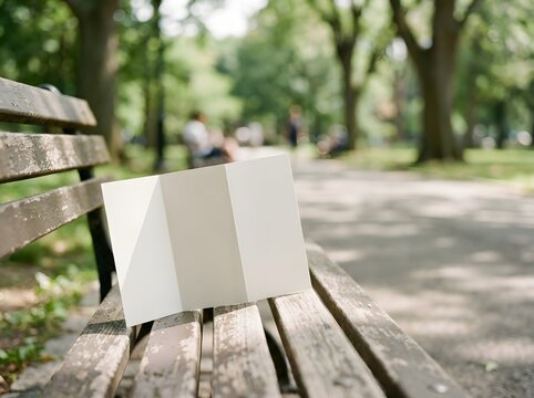 Blank white tri-fold brochure mockup resting on an old weathered wooden bench in a public park with blurred green trees, walking path, and sunlight in the background.