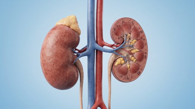 3D medical illustration of human kidney anatomy with internal cross section and blood vessels