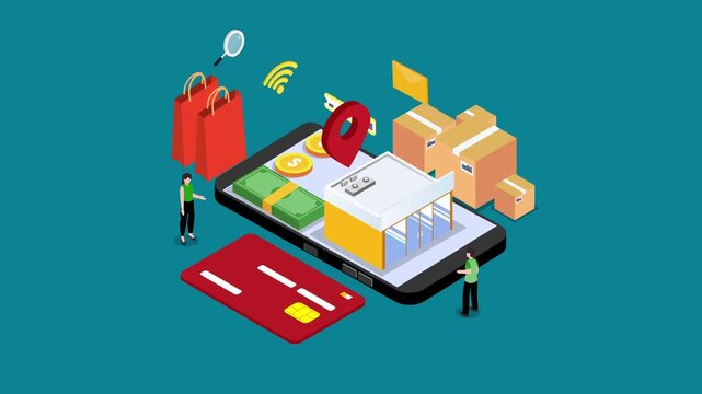 Online Store Concept with Smartphone, Location Pin, Credit Card, Cash, and Parcel Boxes 3d animation cartoon