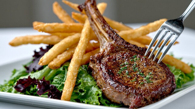 Grilled lamb chop steak served with french fries and a fresh green salad on a white plate, potatoes