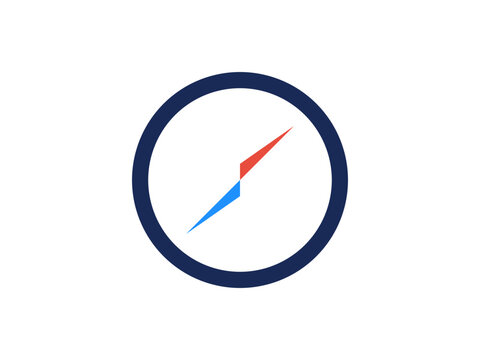Minimalist navigation compass icon with red and blue needle on white base