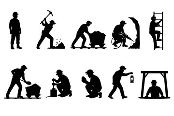 Fototapeta premium Coal Miners Silhouettes Vector Icon Set, Labor Day Underground Mining Worker Action and Equipment Poses Isolated