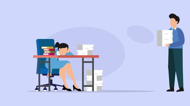 Exhausted Businesswoman Sleeping at Desk Overwhelmed by Paperwork with Male Colleague Bringing Stacks of Files cartoon animation